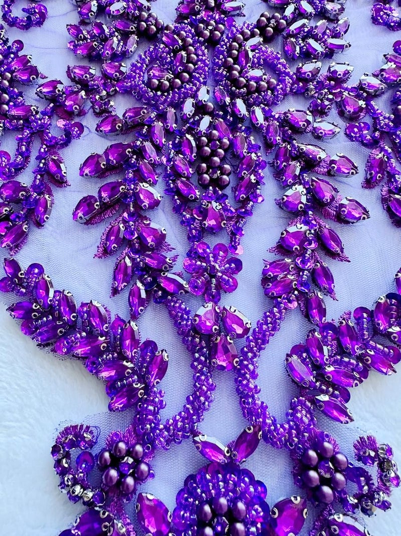 PLune Handmade Shiny Rhinestones Applique handsewing Beaded Sequins Crystal on lace Trim Patches for Prom Dress Clothing Decorative Accessories (Pueple) - Image 3